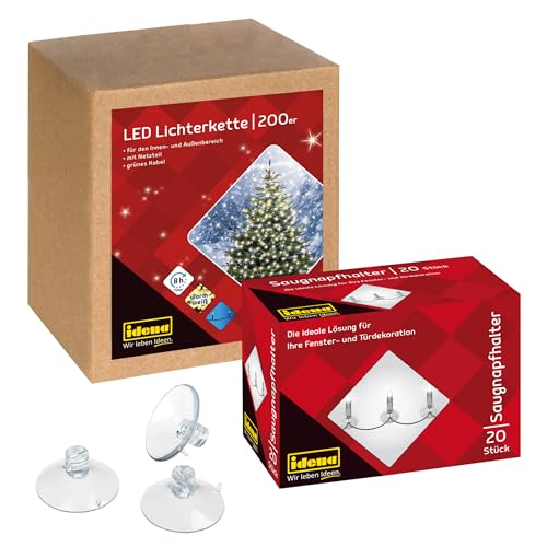 Idena 90214 - LED Lichterkette mit 200 LEDs in Gold-Gelb mit Timer, 29,9 m, inkl. 20 Saugnäpfen mit Schlitz zur Befestigung, für Außen & Innen, als Party Deko, Weihnachtsdeko von Idena