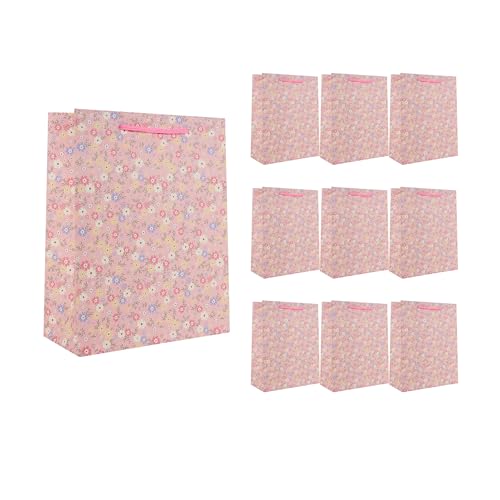 Idena 90228 - Geschenktüten Blumen, 10 Stück, Geschenktaschen in der Größe 18 x 23 x 8 cm, pinke Papiertüten mit bunten Blumen von Idena