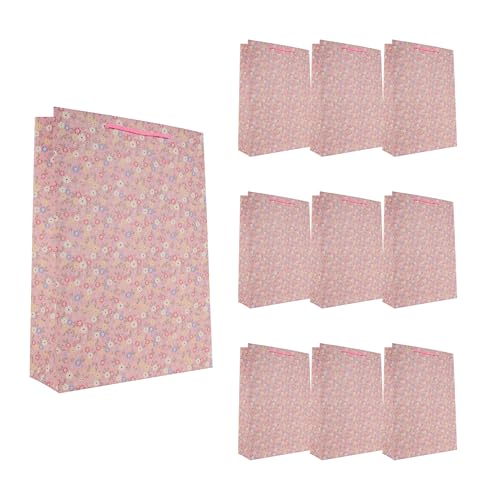 Idena 90229 - Geschenktüten Blumen, 10 Stück, Geschenktaschen in der Größe 25 x 34,5 x 8,5 cm, pinke Papiertüten mit bunten Blumen von Idena