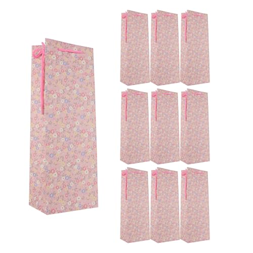 Idena 90230 - Flaschentaschen Blumen, 10 Stück, Geschenktaschen in der Größe 12 x 10 x 35 cm, Pinke Papiertüten mit bunten Blumen von Idena