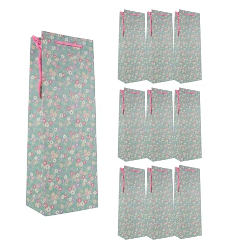 Idena 90233 - Flaschentaschen Blumen, 10 Stück, Geschenktaschen in der Größe 12 x 10 x 35 cm, grüne Papiertüten mit bunten Blumen von Idena