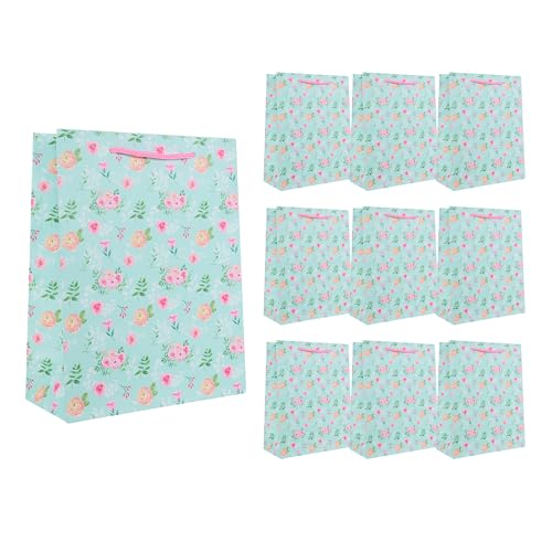 Idena 90234 - Geschenktüten Blumen, 10 Stück, Geschenktaschen in der Größe 18 x 23 x 8 cm, blaue Papiertüten mit Rosen von Idena