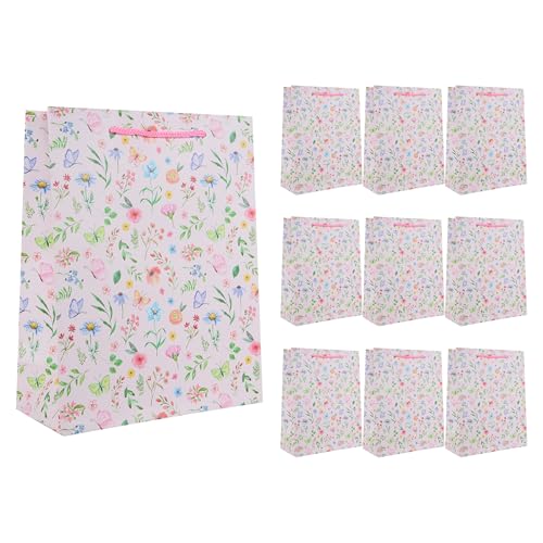 Idena 90237 Geschenktüten, 10 Stück, Geschenktaschen in der Größe 18 x 23 x 8 cm, rosa Papiertüten mit bunten Blumen von Idena