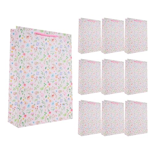 Idena 90238 - Geschenktüten Blumen, 10 Stück, Geschenktaschen in der Größe 25 x 34,5 x 8,5 cm, rosa Papiertüten mit bunten Blumen von Idena