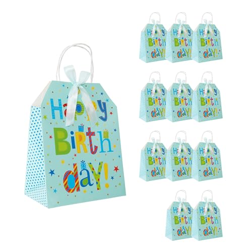 Idena 90240 - Geschenktüten Happy Birthday, 12 Stück, Geschenktaschen in der Größe 19 x 25 x 11,5 cm, Blaue Papiertüten mit Schriftzug von Idena