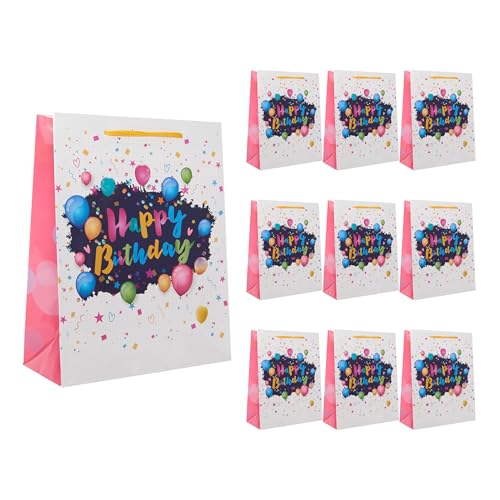 Idena 90247 - Geschenktüten Happy Birthday Ballons, 10 Stück, Geschenktaschen in der Größe 18 x 23 x 8 cm, Papiertüten mit Schriftzug und bunten Luftballons von Idena