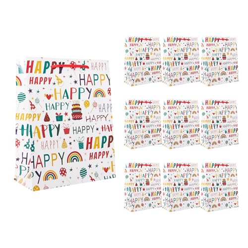 Idena 90248 - Geschenktüten Happy, 10 Stück, Geschenktaschen in der Größe 18 x 23 x 8 cm, weiße Papiertüten mit Schriftzug und Geburtstagsdeko von Idena