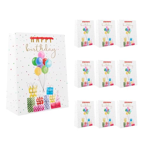 Idena 90249 - Geschenktüten Happy Birthday Geschenke, 10 Stück, Geschenktaschen in der Größe 18 x 23 x 8 cm, weiße Papiertüten mit bunten Geschenken und Ballons von Idena