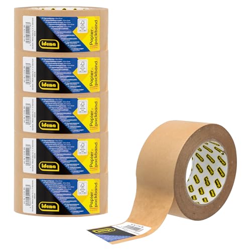 Idena 90268 - Papierpackband, Braun, 5 cm x 50 m extra stark, 6 Rollen Klebeband aus recyceltem Papier, nachhaltiges Paketband von Idena