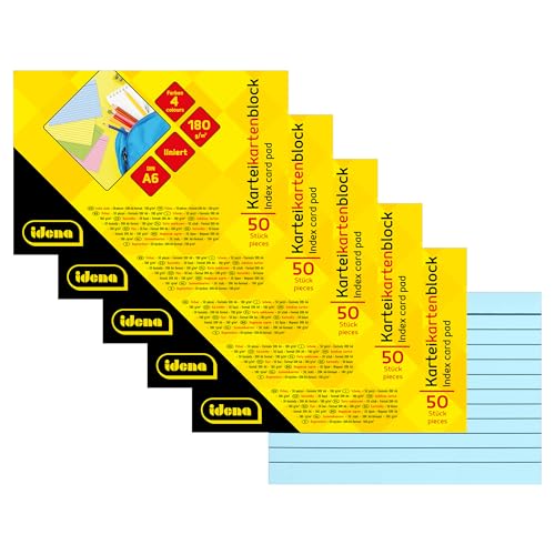 Idena 90281 - Karteikarten DIN A6, 250 Stück liniert, Lernkarten aus 180 g/m² FSC-Mix Papier in 4 Farben, für Schule und Büro von Idena