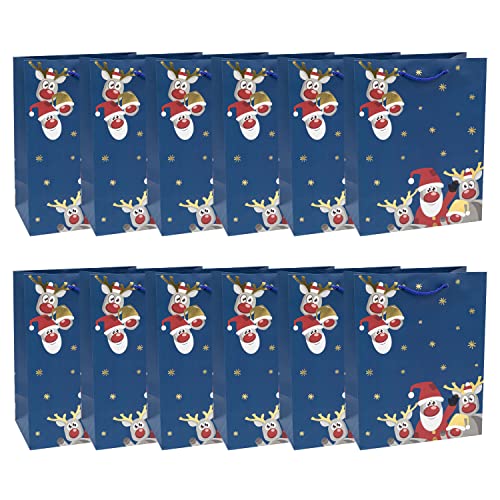 Idena 90811 - Geschenktüten Weihnachten Santa mit Rentieren, 12 Stück, 18 x 23 x 10 cm, Papiertüten, Geschenktaschen von Idena