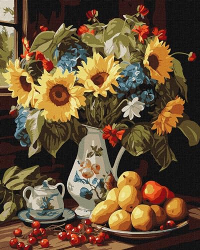 Ideyka Malen nach Zahlen Stillleben mit Sonnenblumen art_selena_ua 40x50 mit Holzrahmen von Ideyka