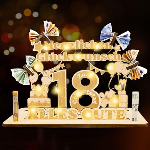 Idota 18 Geburtstag Geschenk Frauen & Männer - Geldgeschenke Geburtstag, Holz-Schild Gästebuch 18 Geburtstag Deko Geschenke mit LED Lichterketten, Personalisierbares Geschenk, 18 Geburtstag Mädchen von Idota