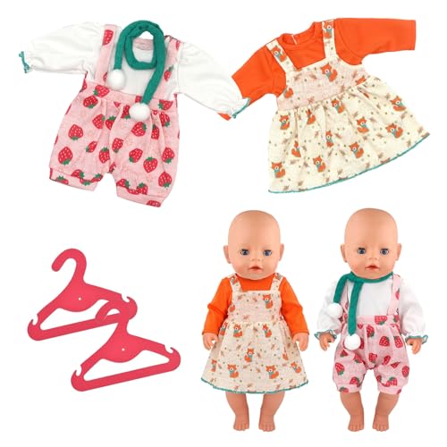 Idota 2 Stück Puppenkleidung, Süße Puppenkleider Enthalten Erdbeer Overall mit Schal + Fuchs Strapskleid + Kleiderbügel Puppenkleider für 35-45 cm Frühchen Kleidung Puppen (Puppen Nicht Enthalten) von Idota