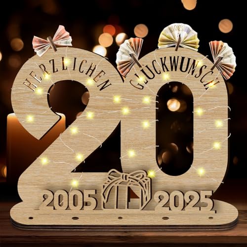 Idota 2025 20 Geburtstag Geschenk Holz-Schild mit LED Gästebuch Geldgeschenke Geburtstag Männer & Frauen, Geburtstag Deko Geschenke zum 20 Geburtstag, Personalisierbares Geschenk von Idota