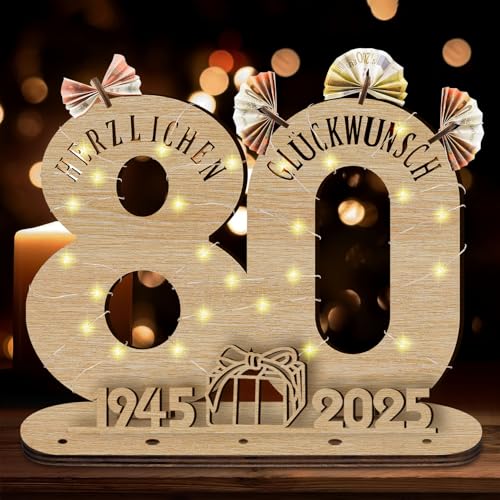 Idota 2025 80 Geburtstag Deko Holz-Schild mit LED Gästebuch, Geschenke zum 80 Geburtstag Mann, 80 Geburtstag Geschenke Frauen Deko, 80 Geburtstag Mann Geschenk, Personalisierbares Geschenk von Idota