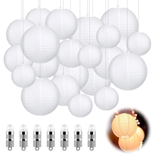 Idota 30 Stück Papierlampions Weiß mit LED Lichter, Hängende Papierlaternen mit 30 Warmweiß Mini LED Ballons Lichter Runde Papier Lampenschirm für Deko Hochzeit Gartenparty (Ø 15cm/20cm/25cm/30cm) von Idota