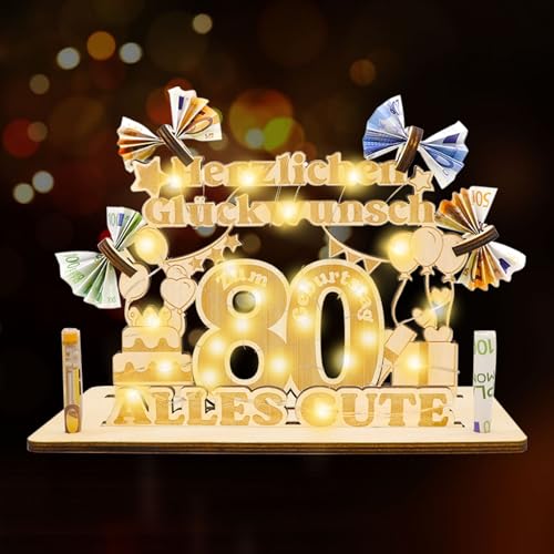 Idota 80 Geburtstag Deko Frauen & Männer - Geldgeschenke Geburtstag, Holz-Schild Gästebuch Geschenke zum 80 Geburtstag mit LED Lichterketten, Personalisierbares Geschenk,80 Geburtstag Geschenke Frauen von Idota