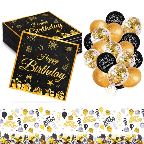 Idota Servietten Geburtstag, 33x33cm Servietten Happy Birthday 3 Lagig Servietten Geburtstag Schwarz Gold Geburtstag Party Deko Kit - 40 Stück Geburtstagsservietten + 18pcs Luftballons + Konfetti von Idota