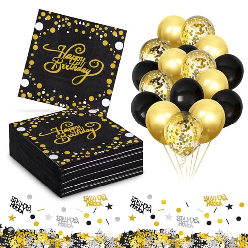 Idota Servietten Happy Birthday, 33x33cm Servietten Geburtstag Schwarz Gold Geburtstag Party Deko Kit - 40 Stück Geburtstagsservietten +18 Stück Luftballons Schwarz Gold + Happy Birthday Konfetti von Idota