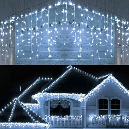 Ikodm 200 LEDs Eisregen Lichterkette Außen, 10M LED Vorhanglichter String Light 8 Modi mit Speicherfunktion, Lichterketten Außen Innen für Schlafzimmer, Fenster, Party - Kaltweiß von Ikodm