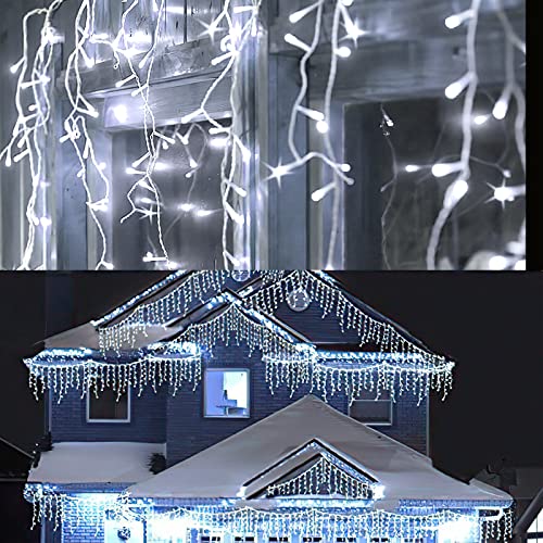 Ikodm Eisregen Lichterkette Außen 200 LED Lichtervorhang 5m, IP44 Wasserdicht 8 Modi für Außenbereich Schlafzimmer Hochzeit Weihnachten Party, Kaltweiß von Ikodm