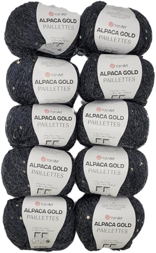 10 x 50g Alpaca Gold Paillettes Strickwolle einfarbig mit Pailletten, 500 Gramm Paillettengarn, Paillettenwolle 20% Alpaka-Anteil, Effektgarn, Strickgarn (anthrazit 9314) von Ilkadim Export