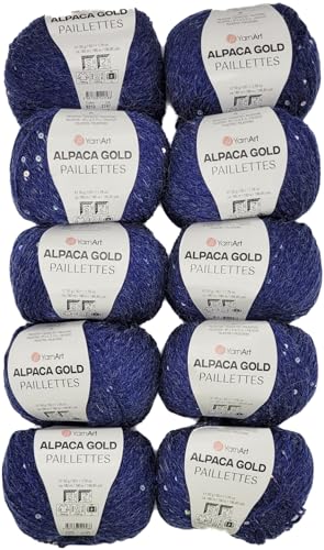 10 x 50g Alpaca Gold Paillettes Strickwolle einfarbig mit Pailletten, 500 Gramm Paillettengarn, Paillettenwolle 20% Alpaka-Anteil, Effektgarn, Strickgarn (blau 9313) von Ilkadim Export