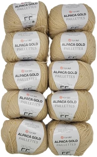 10 x 50g Alpaca Gold Paillettes Strickwolle einfarbig mit Pailletten, 500 Gramm Paillettengarn, Paillettenwolle 20% Alpaka-Anteil, Effektgarn, Strickgarn (creme 9302) von Ilkadim Export