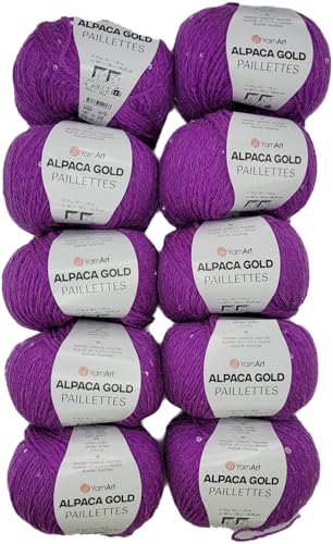 10 x 50g Alpaca Gold Paillettes Strickwolle einfarbig mit Pailletten, 500 Gramm Paillettengarn, Paillettenwolle 20% Alpaka-Anteil, Effektgarn, Strickgarn (lila 9308) von Ilkadim Export