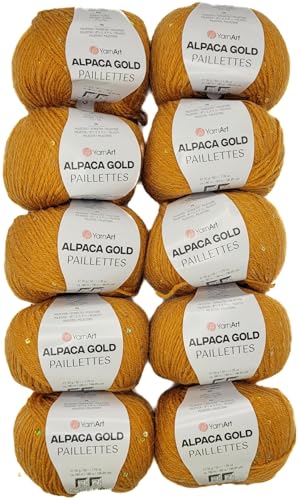 10 x 50g Alpaca Gold Paillettes Strickwolle einfarbig mit Pailletten, 500 Gramm Paillettengarn, Paillettenwolle 20% Alpaka-Anteil, Effektgarn, Strickgarn (ocker 9311) von Ilkadim Export