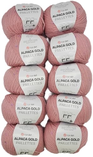 10 x 50g Alpaca Gold Paillettes Strickwolle einfarbig mit Pailletten, 500 Gramm Paillettengarn, Paillettenwolle 20% Alpaka-Anteil, Effektgarn, Strickgarn (rosa 9306) von Ilkadim Export