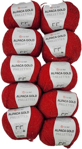 10 x 50g Alpaca Gold Paillettes Strickwolle einfarbig mit Pailletten, 500 Gramm Paillettengarn, Paillettenwolle 20% Alpaka-Anteil, Effektgarn, Strickgarn (rot 9307) von Ilkadim Export