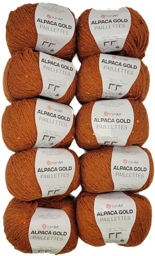 10 x 50g Alpaca Gold Paillettes Strickwolle einfarbig mit Pailletten, 500 Gramm Paillettengarn, Paillettenwolle 20% Alpaka-Anteil, Effektgarn, Strickgarn (terrakotta 9312) von Ilkadim Export