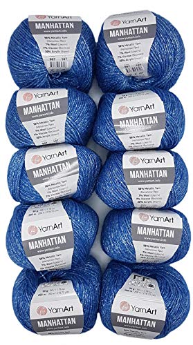 10 x 50g Ilkadim Export Manhattan Strickgarn, Viscose - Garn mit Glitzer, 500 Gramm Metallic-Wolle, Effektwolle, Strickwolle Metalliceffekt (blau 907) von Ilkadim Export