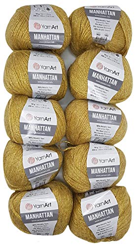 10 x 50g Ilkadim Export Manhattan Strickgarn, Viscose - Garn mit Glitzer, 500 Gramm Metallic-Wolle, Effektwolle, Strickwolle Metalliceffekt (gold 902) von Ilkadim Export