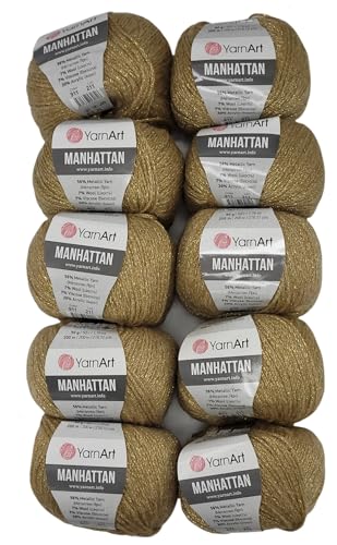 10 x 50g Ilkadim Export Manhattan Strickgarn, Viscose - Garn mit Glitzer, 500 Gramm Metallic-Wolle, Effektwolle, Strickwolle Metalliceffekt (gold 911) von Ilkadim Export