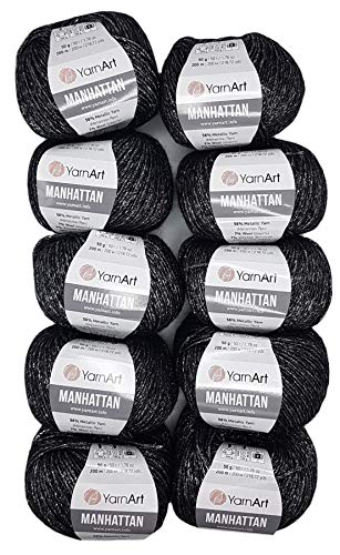 10 x 50g Ilkadim Export Manhattan Strickgarn, Viscose - Garn mit Glitzer, 500 Gramm Metallic-Wolle, Effektwolle, Strickwolle Metalliceffekt (schwarz silber 915) von Ilkadim Export