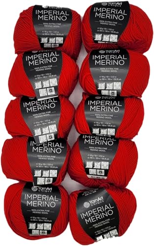 10 x 50g Imperial Merino Strickwolle, 100% Merino Wolle, 500 Gramm Merinowolle Strickgarn einfarbig (rot 3345) von Ilkadim Export