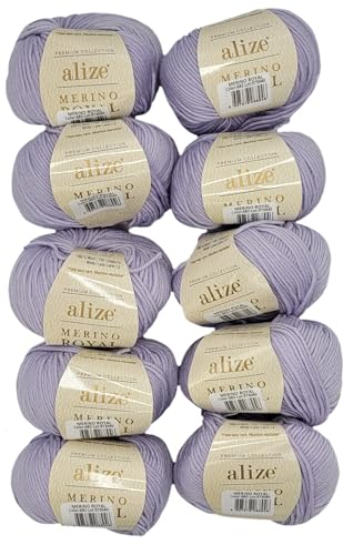 10 x 50g Strickwolle Alize Merino Royal, 100% Merino Wolle, 500 Gramm Merinowolle einfarbig (682 fliedergrau) von Ilkadim Export