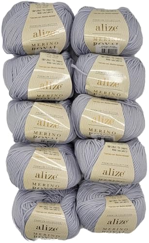 10 x 50g Strickwolle Alize Merino Royal, 100% Merino Wolle, 500 Gramm Merinowolle einfarbig (Grau 698) von Ilkadim Export