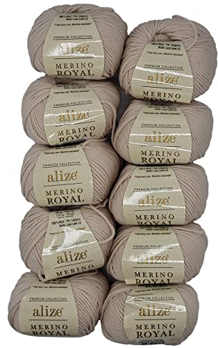 10 x 50g Strickwolle Alize Merino Royal, 100% Merino Wolle, 500 Gramm Merinowolle einfarbig (beige 67) von Ilkadim Export