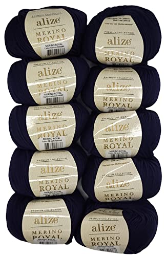 10 x 50g Strickwolle Alize Merino Royal, 100% Merino Wolle, 500 Gramm Merinowolle einfarbig (nachtblau 58) von Ilkadim Export