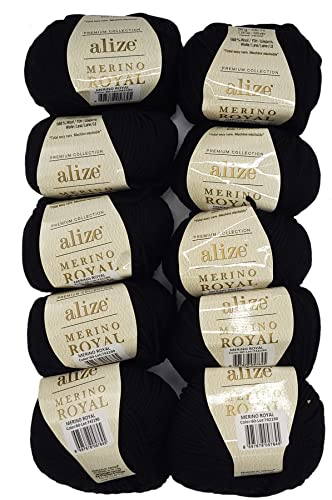 10 x 50g Strickwolle Alize Merino Royal, 100% Merino Wolle, 500 Gramm Merinowolle einfarbig (schwarz 60) von Ilkadim Export