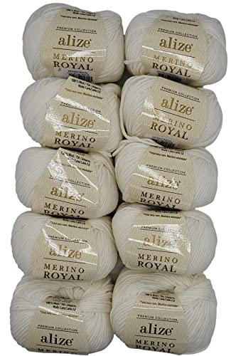 10 x 50g Strickwolle Ilkadim Export Merino Royal, 100% Strickgarn Wolle, 500 Gramm Merinowolle einfarbig (cremeweiss 55) von Ilkadim Export