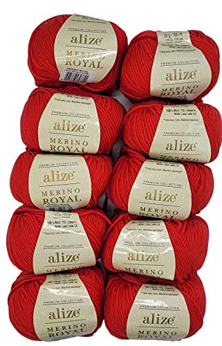 10 x 50g Strickwolle Ilkadim Export Merino Royal, 100% Strickgarn Wolle, 500 Gramm Merinowolle einfarbig (rot 56) von Ilkadim Export