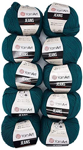 10 x 50g Strickwolle YarnArt Jeans einfarbig mit 55% Baumwolle, 500 Gramm Wolle uni (petrol 63) von Ilkadim Export