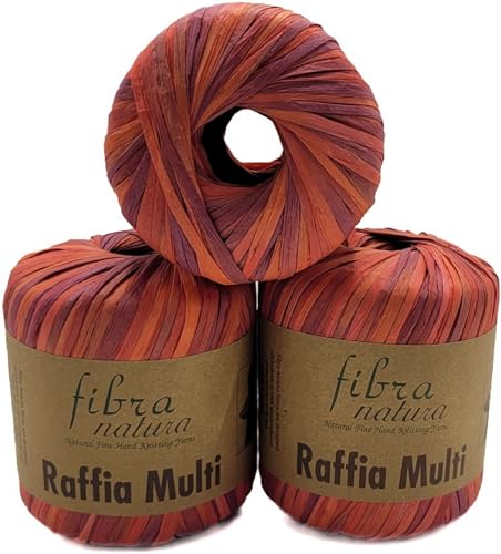 105 Gramm Fibra Natura Raffia Multi Bast-Garn bunt, 100% Viskose/Zellulose, Makramee Kordel Naturgarn mehrfarbig (beere orange 117-02) von Ilkadim Export