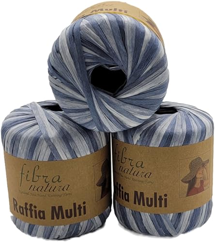 105 Gramm Fibra Natura Raffia Multi Bast-Garn bunt, 100% Viskose/Zellulose, Makramee Kordel Naturgarn mehrfarbig (blau grau 117-26) von Ilkadim Export