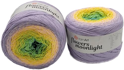 2 x 260 Gramm Ilkadim Export Flowers Moonlight Bobbel Wolle mit Glitzer und Farbverlauf, 53% Baumwolle, 520g Bobble Strickwolle Mehrfarbig (flieder gelb grün 3285) von Ilkadim Export